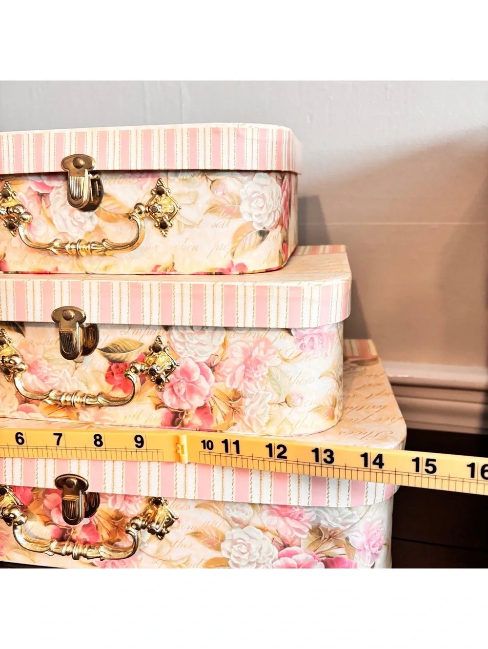Set of 5 Decorative Floral Storage Boxes with Vintage Style Handles and StripedL